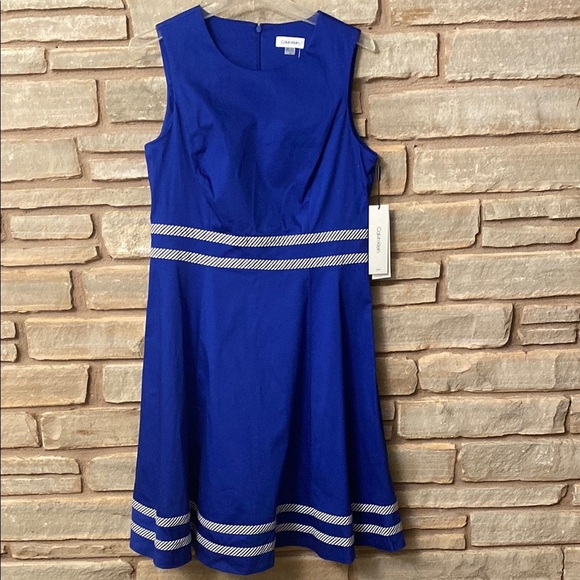 CALVIN KLEIN Women's Blue a-line sleeveless DRESS with pinstripe trim Size 10 - Picture 2 of 11